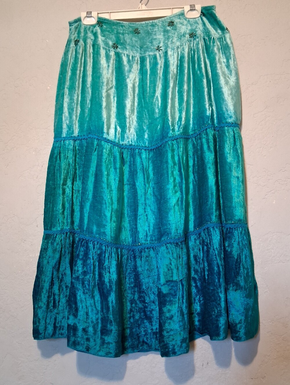 Temptation Sequin Velvet Skirt Tiered With Trim Turquoise Whimsy Prairie Country